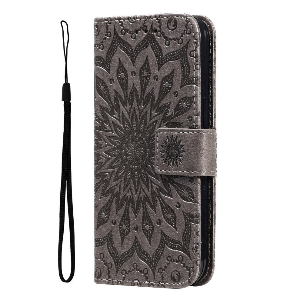 iPhone 15 Pro Max Leather Case with Wallet and Strap - Mandala Flower - Grey