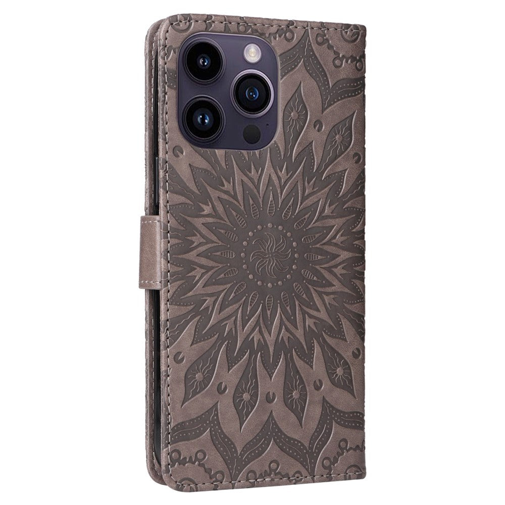 iPhone 15 Pro Max Leather Case with Wallet and Strap - Mandala Flower - Grey