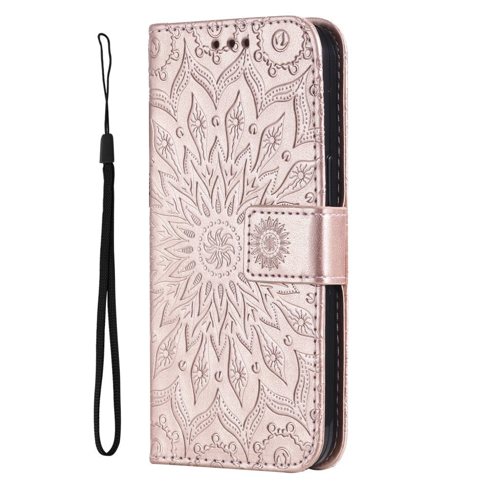 iPhone 15 Pro Max Leather Case with Wallet and Strap - Mandala Flower - Rose Gold