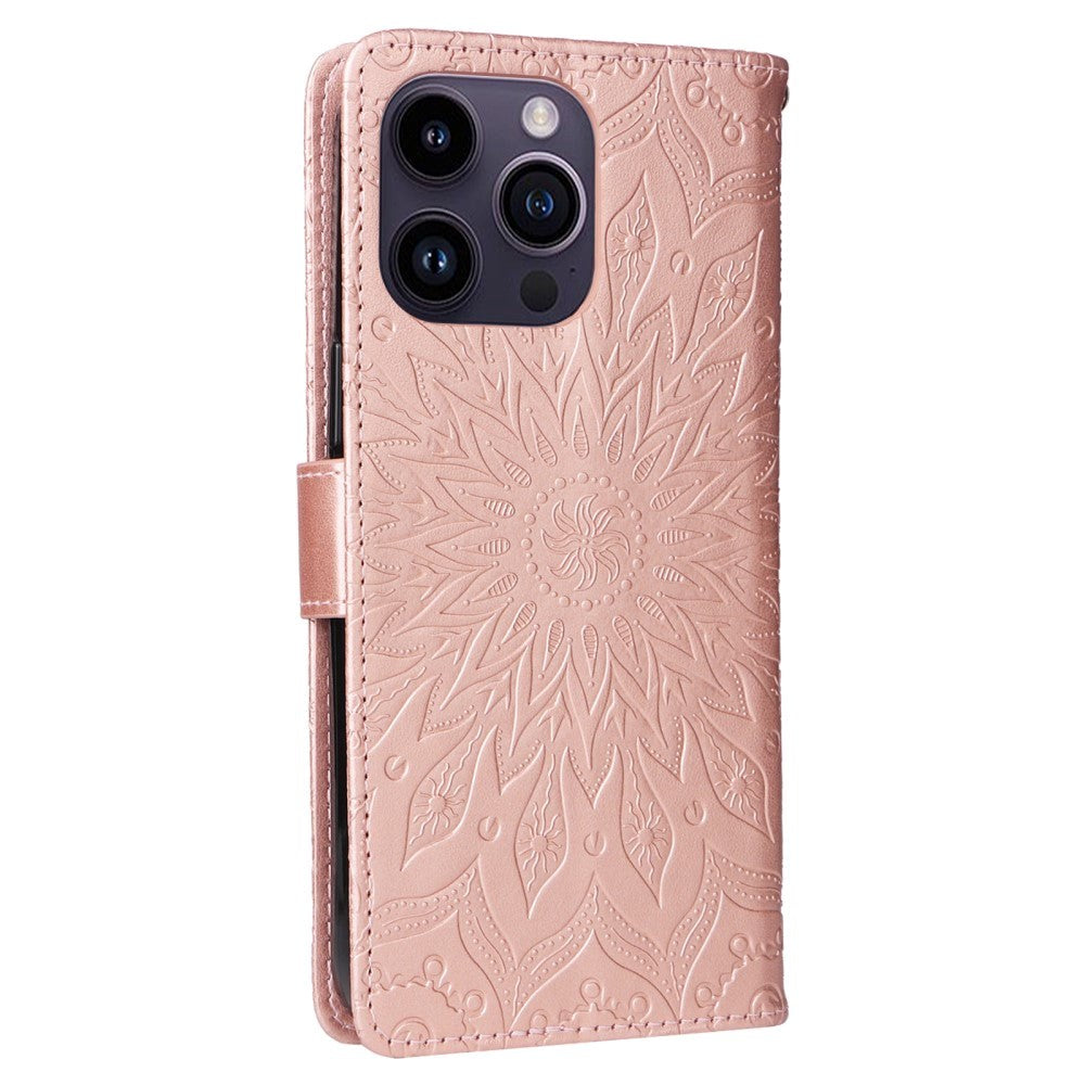 iPhone 15 Pro Max Leather Case with Wallet and Strap - Mandala Flower - Rose Gold