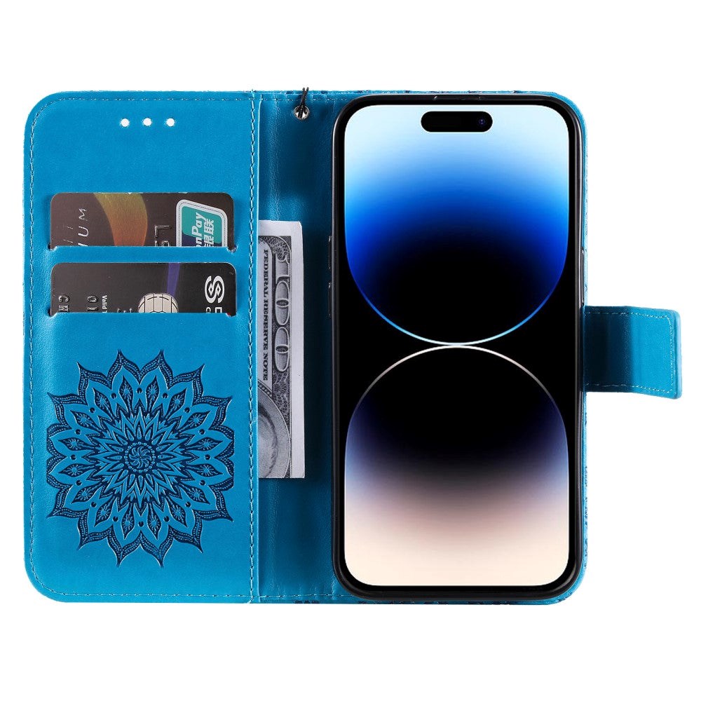 iPhone 15 Pro Leather Case with Wallet and Strap - Mandala Flower - Blue