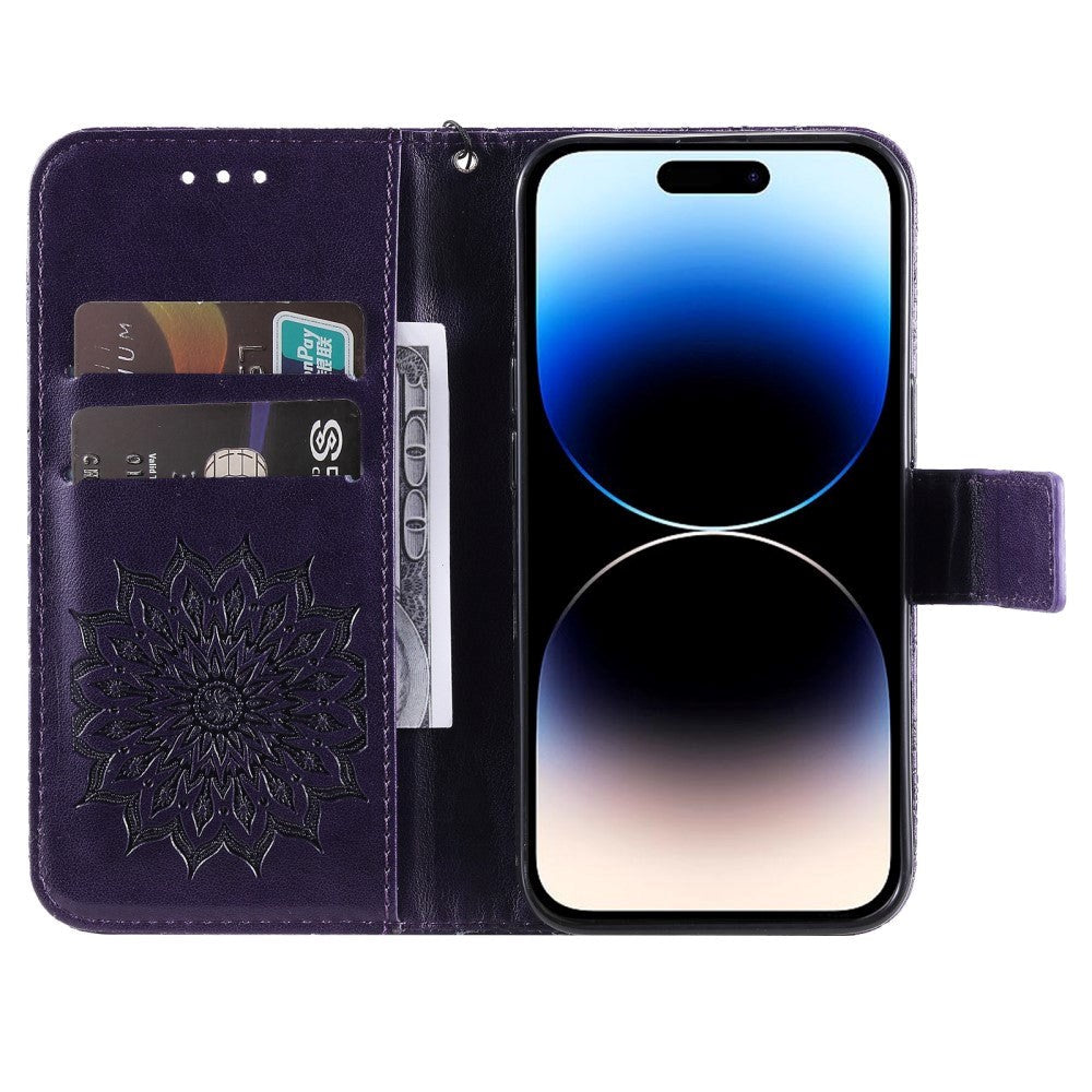 iPhone 15 Pro Leather Case with Wallet and Strap - Mandala Flower - Purple