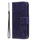 iPhone 15 Pro Leather Case with Wallet and Strap - Mandala Flower - Purple