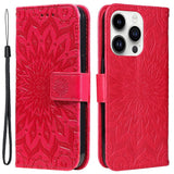 iPhone 15 Pro Leather Case with Wallet and Strap - Mandala Flower - Red