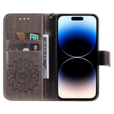 iPhone 15 Pro Leather Case with Wallet and Strap - Mandala Flower - Brown