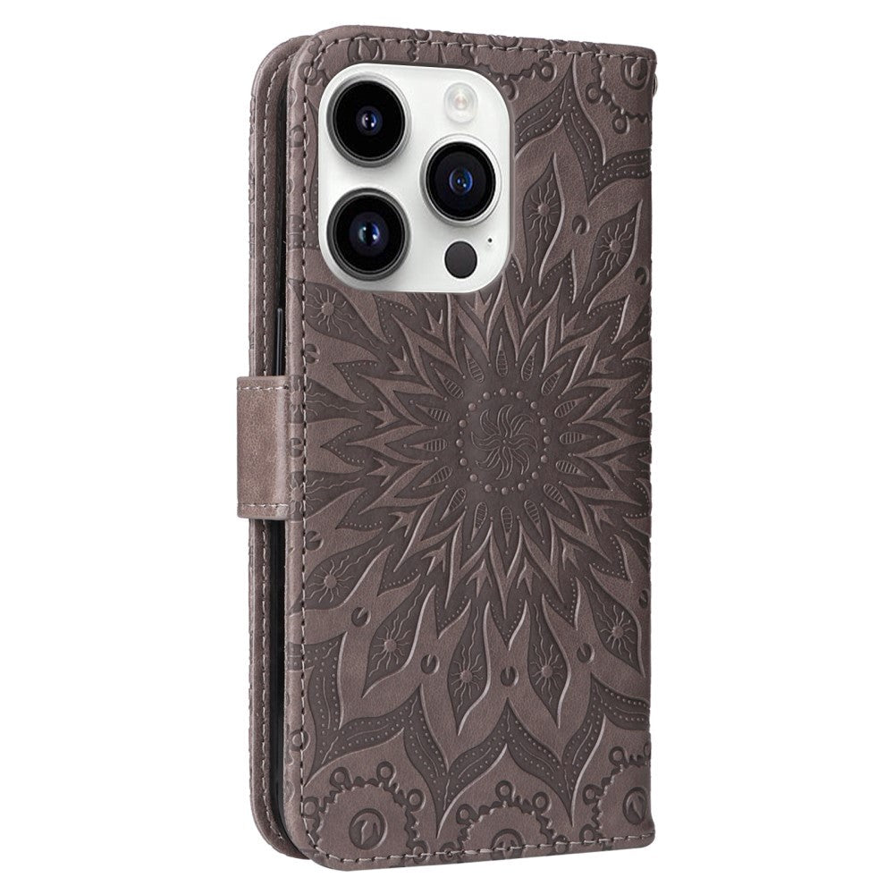 iPhone 15 Pro Leather Case with Wallet and Strap - Mandala Flower - Brown