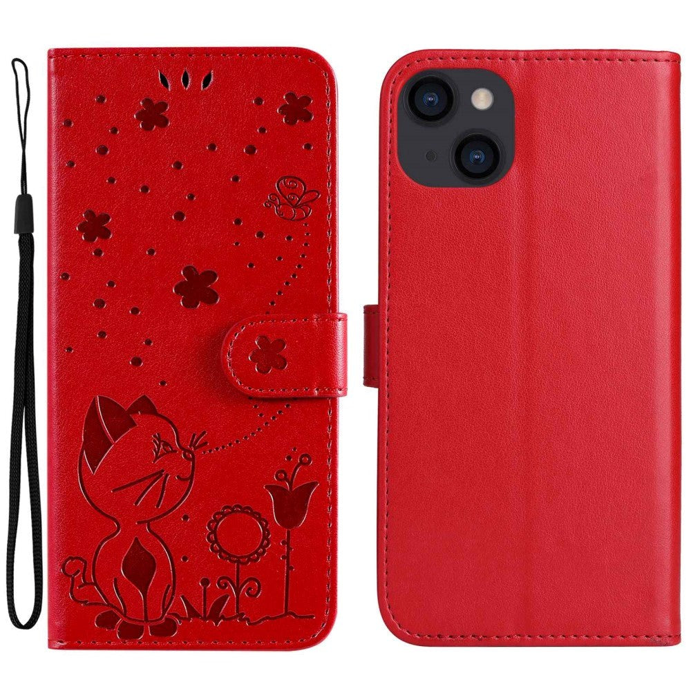 iPhone 15 Leather Flip Case with Wallet and Strap - Cat Engraving - Red