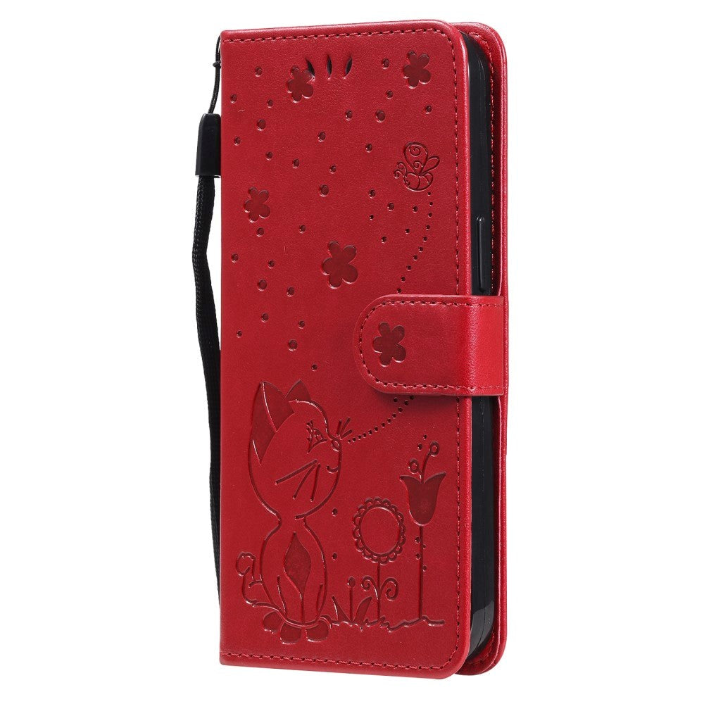 iPhone 15 Leather Flip Case with Wallet and Strap - Cat Engraving - Red