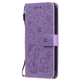 iPhone 15 Leather Flip Case with Wallet and Strap - Cat Engraving - Purple