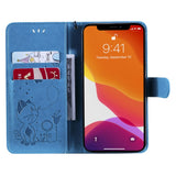 iPhone 15 Leather Flip Case with Wallet and Strap - Cat Engraving - Blue