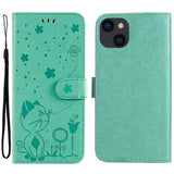 iPhone 15 Leather Flip Case with Wallet and Strap - Cat Engraving - Green