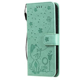 iPhone 15 Leather Flip Case with Wallet and Strap - Cat Engraving - Green