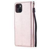 iPhone 15 Leather Flip Case with Wallet and Strap - Cat Engraving - Rose Gold