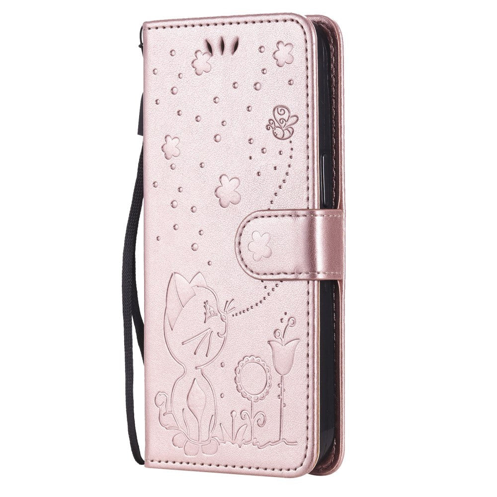 iPhone 15 Leather Flip Case with Wallet and Strap - Cat Engraving - Rose Gold