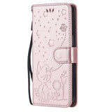 iPhone 15 Leather Flip Case with Wallet and Strap - Cat Engraving - Rose Gold