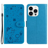 iPhone 15 Pro Leather Flip Case with Wallet and Strap - Cat Engraving - Blue