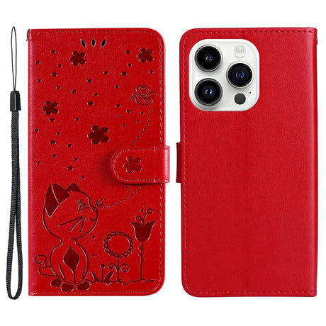 iPhone 15 Pro Leather Flip Case with Wallet and Strap - Cat Engraving - Red