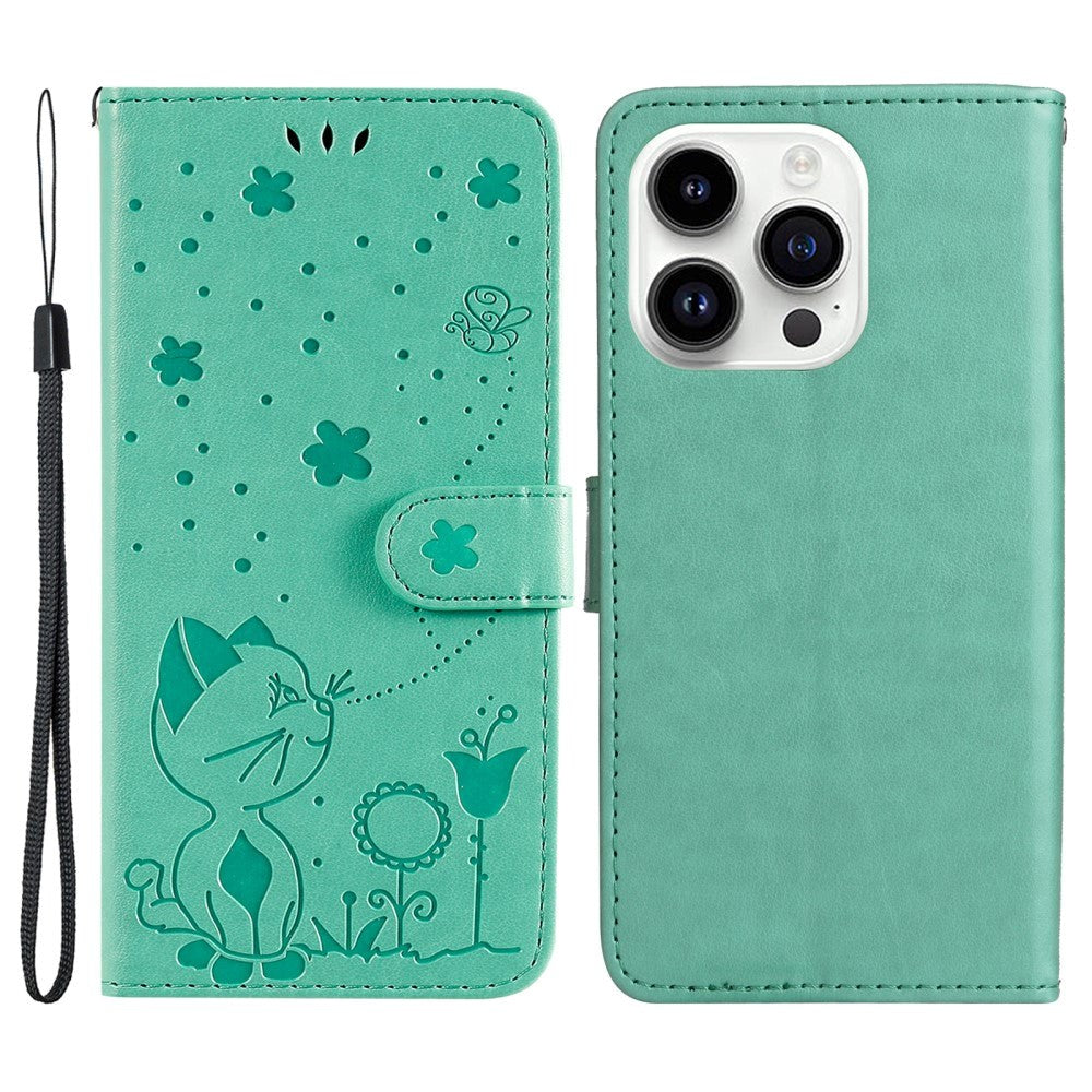 iPhone 15 Pro Leather Flip Case with Wallet and Strap - Cat Engraving - Green