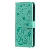 iPhone 15 Pro Leather Flip Case with Wallet and Strap - Cat Engraving - Green