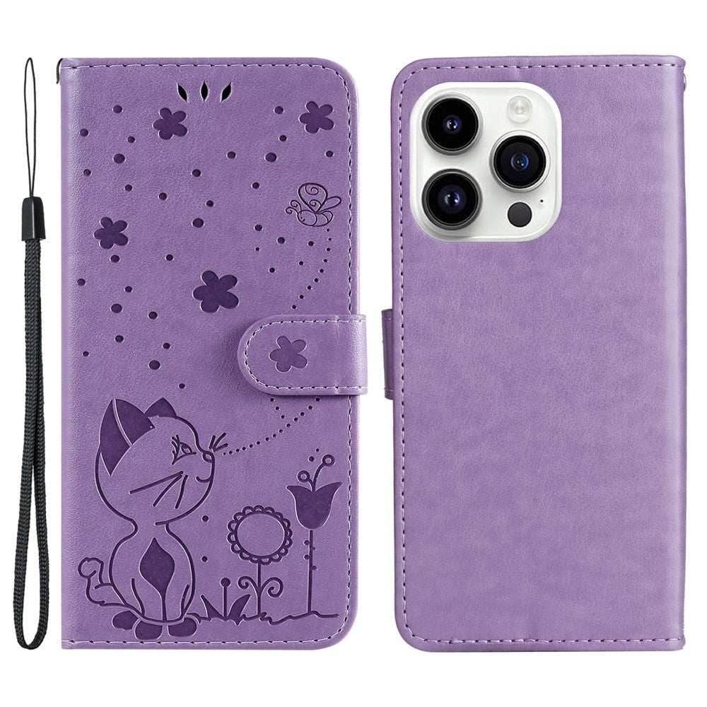 iPhone 15 Pro Leather Flip Case with Wallet and Strap - Cat Engraving - Purple