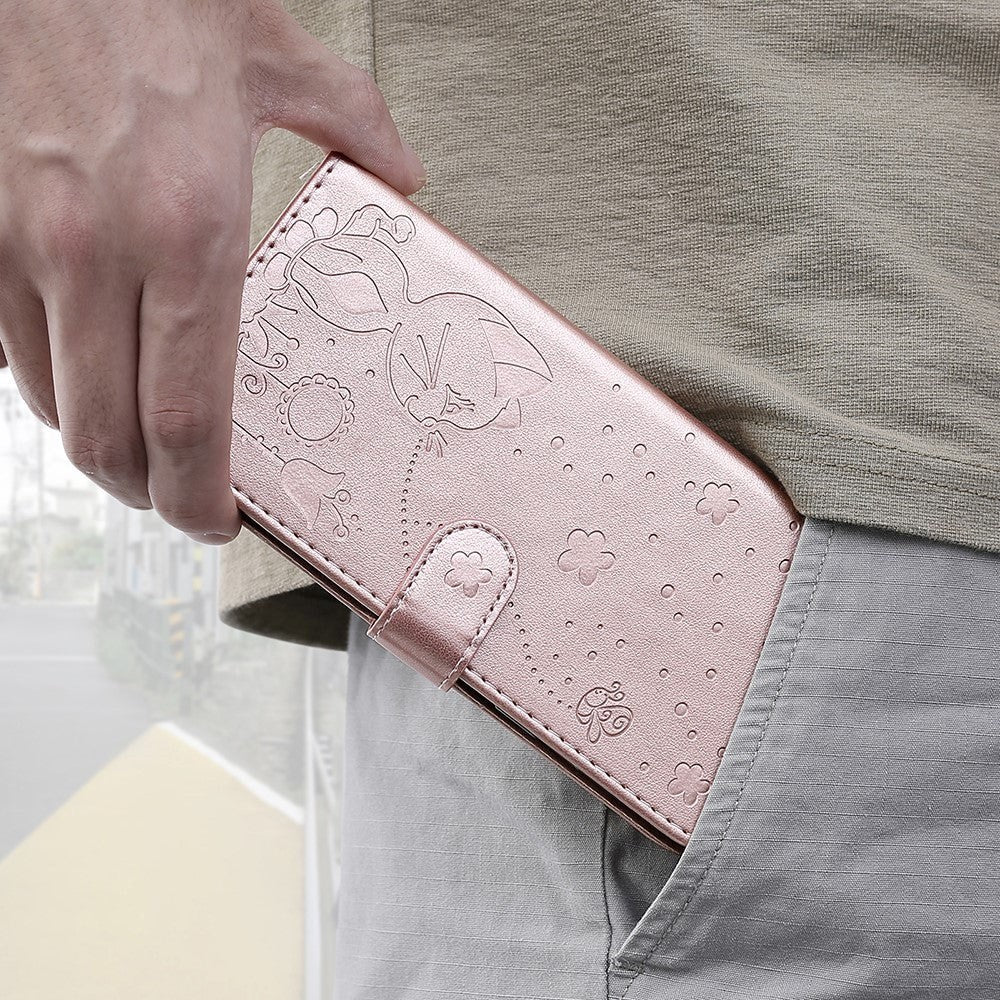 iPhone 15 Pro Leather Flip Case with Wallet and Strap - Cat Engraving - Rose Gold