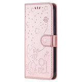 iPhone 15 Pro Leather Flip Case with Wallet and Strap - Cat Engraving - Rose Gold