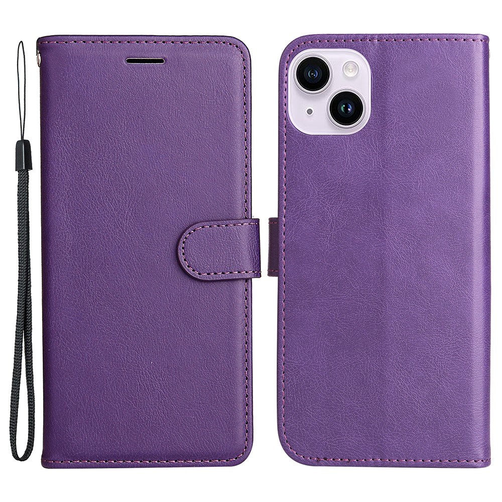 iPhone 15 Plus Leather Flip Case with Wallet and Strap - Purple