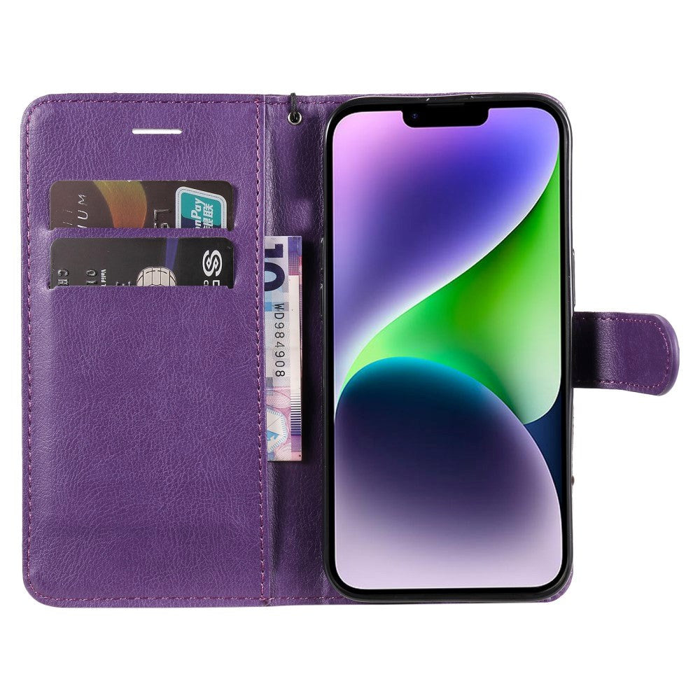 iPhone 15 Plus Leather Flip Case with Wallet and Strap - Purple