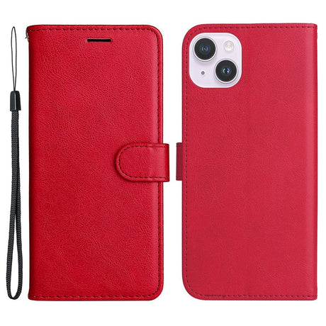 iPhone 15 Plus Leather Flip Case with Wallet and Strap - Red