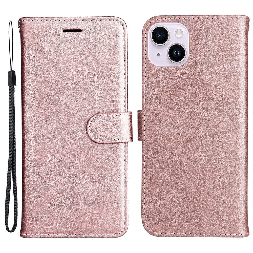 iPhone 15 Plus Leather Flip Case with Wallet and Strap - Rose Gold