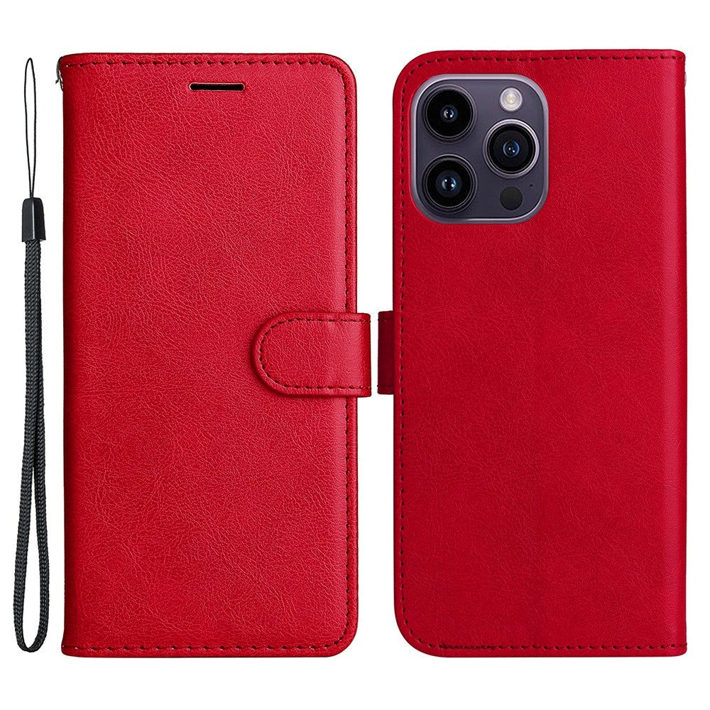 iPhone 15 Pro Max Leather Flip Case with Wallet and Strap - Red