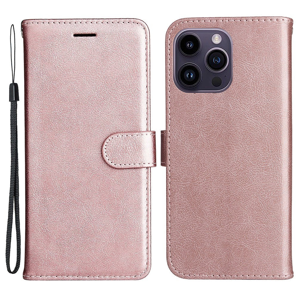 iPhone 15 Pro Leather Flip Case with Wallet and Strap - Rose Gold