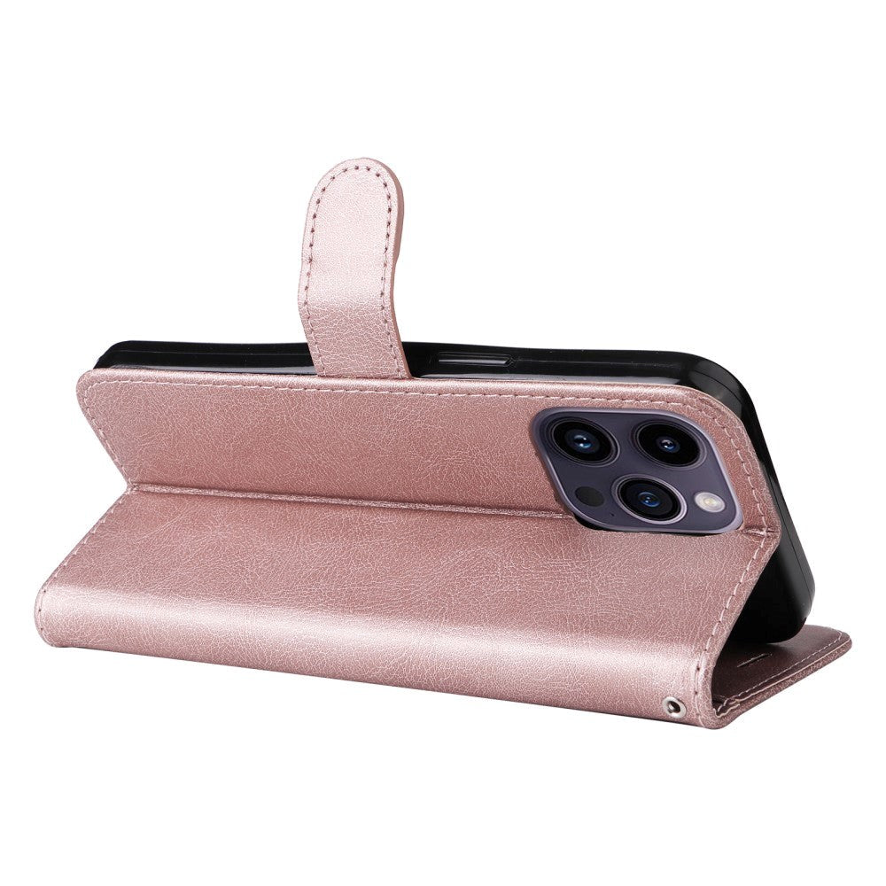 iPhone 15 Pro Leather Flip Case with Wallet and Strap - Rose Gold