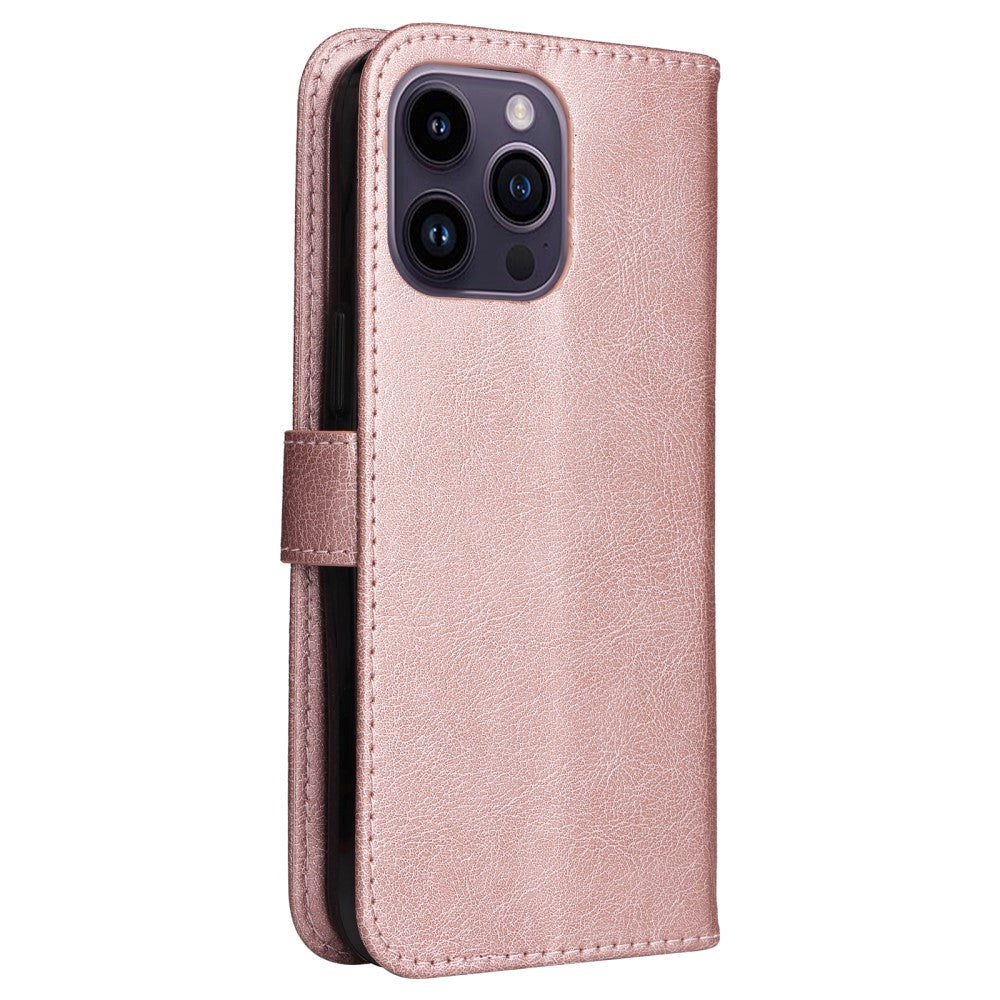 iPhone 15 Pro Leather Flip Case with Wallet and Strap - Rose Gold