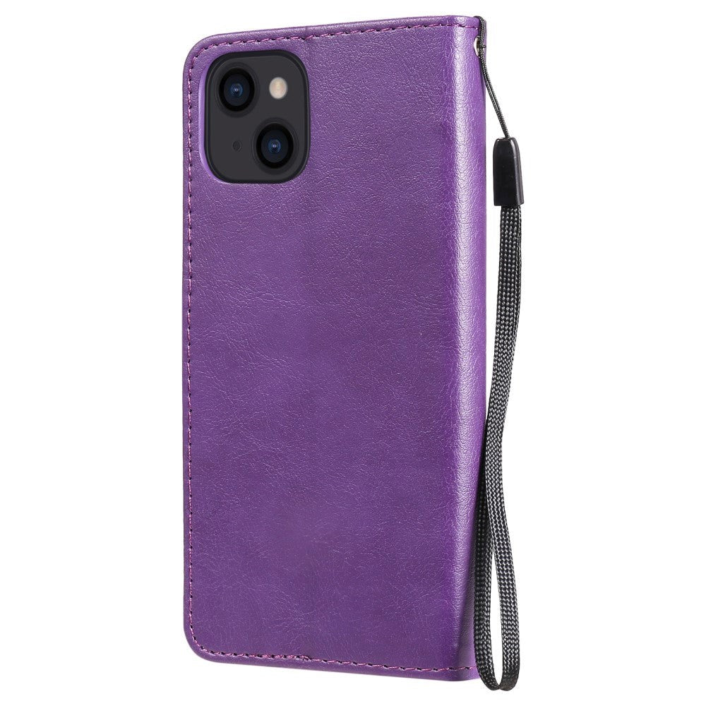 iPhone 15 Leather Flip Case with Wallet and Strap - Purple