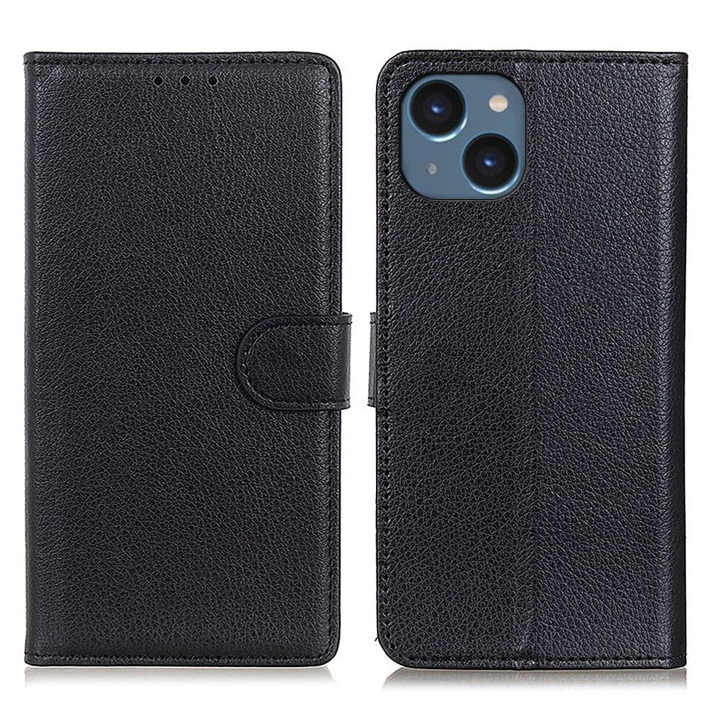 iPhone 15 Plus Litchi Leather Case w. Wallet - Black