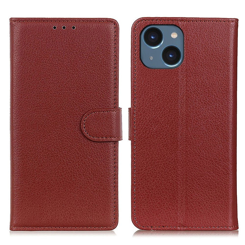 iPhone 15 Plus Litchi Leather Case w. Wallet - Brown