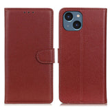 iPhone 15 Plus Litchi Leather Case w. Wallet - Brown