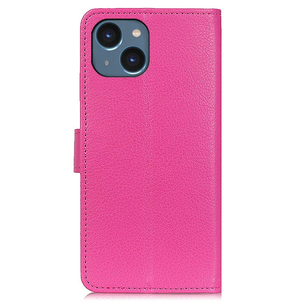 iPhone 15 Plus Litchi Leather Case w. Wallet - Pink