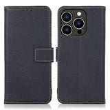 iPhone 15 Pro Litchi Leather Flip Cover w. White Stitches and Wallet - Dark Blue