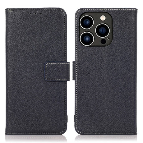 iPhone 15 Pro Litchi Leather Flip Cover w. White Stitches and Wallet - Dark Blue