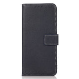 iPhone 15 Pro Litchi Leather Flip Cover w. White Stitches and Wallet - Dark Blue