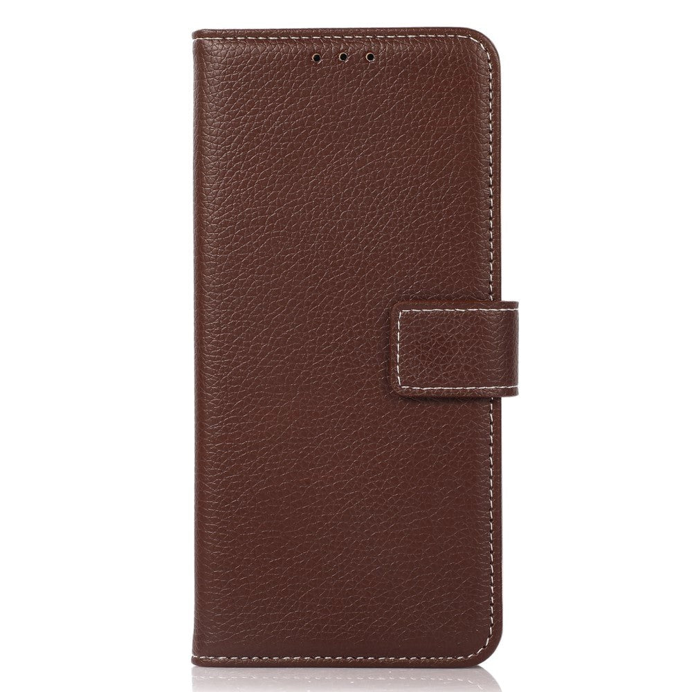 iPhone 15 Pro Litchi Leather Flip Cover w. White Stitches and Wallet - Brown