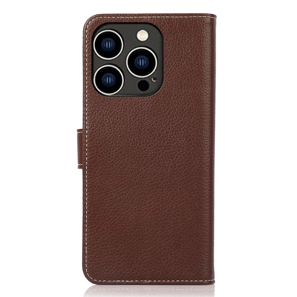 iPhone 15 Pro Litchi Leather Flip Cover w. White Stitches and Wallet - Brown