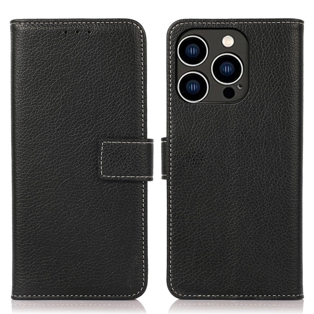 iPhone 15 Pro Max Litchi Leather Case with Card Holder - Black