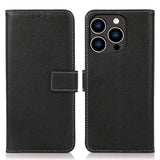 iPhone 15 Pro Max Litchi Leather Case with Card Holder - Black