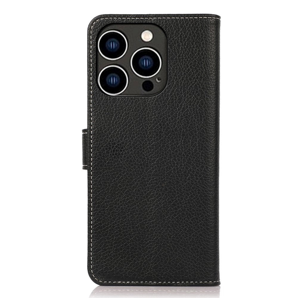 iPhone 15 Pro Max Litchi Leather Case with Card Holder - Black