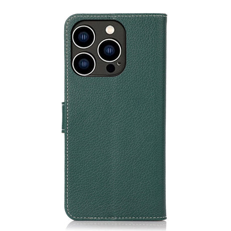 iPhone 15 Pro Max Litchi Leather Case with Card Holder - Green