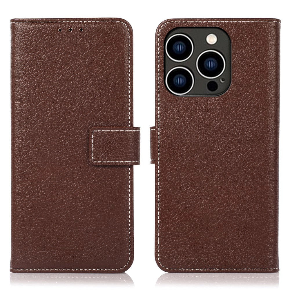 iPhone 15 Pro Max Litchi Leather Case with Card Holder - Brown