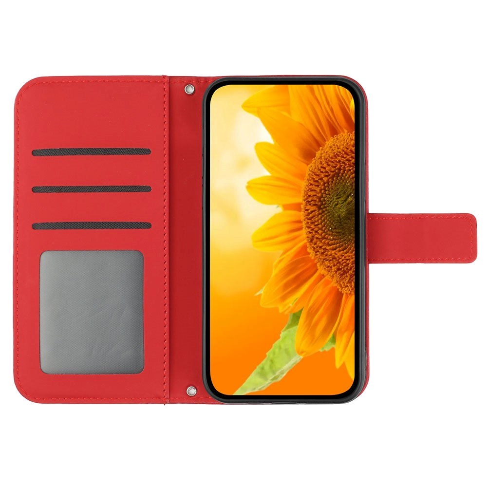 iPhone 15 Pro Wallet Case w. Strap - Sunflower Engraving - Red